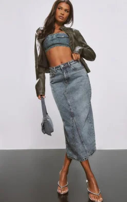 Acid Blue Wash Denim Split Back Midi Skirt