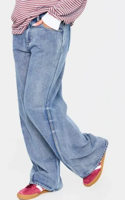 Acid Blue Wash Low Rise Seam Detail Wide Leg Jeans