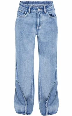 Acid Blue Wash Low Rise Seam Detail Wide Leg Jeans