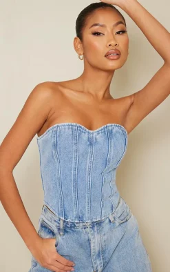 Acid Blue Wash Seam Detail Denim Corset Top