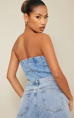 Acid Blue Wash Seam Detail Denim Corset Top