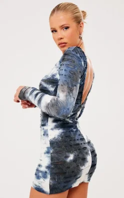 Acid Blue Wash Tie Dye Textured Jersey Cut Out Long Sleeve Bodycon Dress