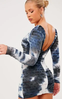 Acid Blue Wash Tie Dye Textured Jersey Cut Out Long Sleeve Bodycon Dress