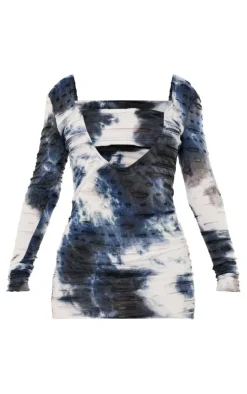 Acid Blue Wash Tie Dye Textured Jersey Cut Out Long Sleeve Bodycon Dress