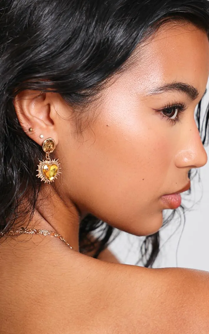 Amber Heart Jewel Statement Stud Earrings