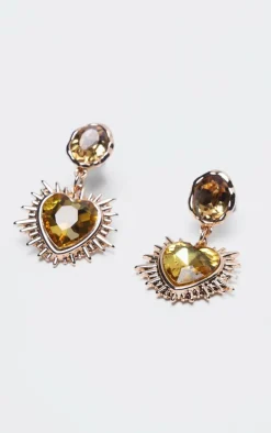 Amber Heart Jewel Statement Stud Earrings