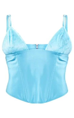 Aqua Blue Satin Lace Boned Corset Top