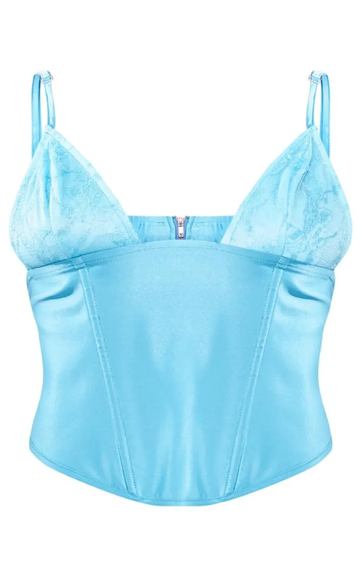 Aqua Blue Satin Lace Boned Corset Top