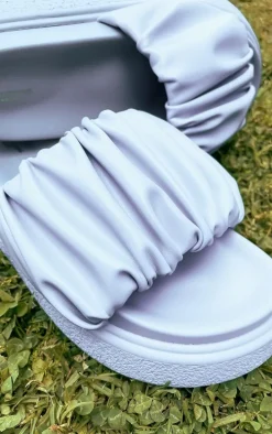 Aqua Blue Wide Fit PU Round Toe Ruched Strap Flat Sandals