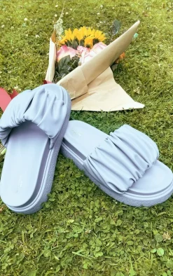 Aqua Blue Wide Fit PU Round Toe Ruched Strap Flat Sandals