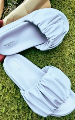 Aqua Blue Wide Fit PU Round Toe Ruched Strap Flat Sandals