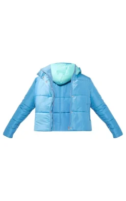 Aqua Contrast Hood Puffer Jacket