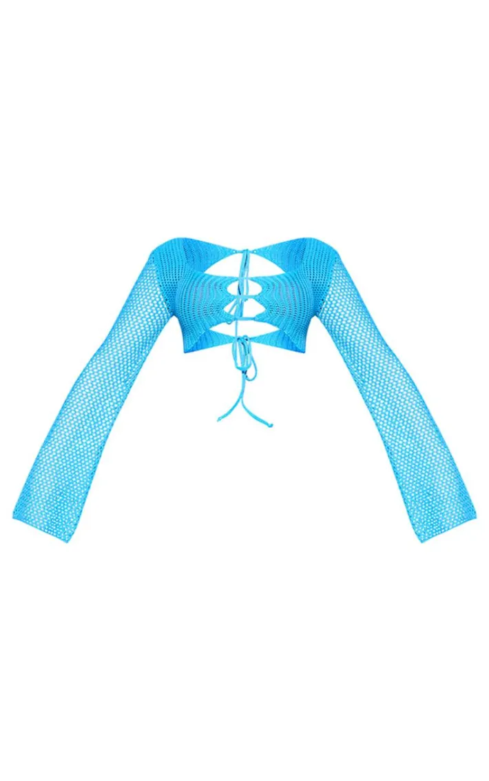 Aqua Crochet Long Sleeve Beach Top