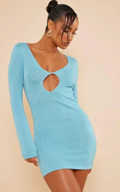 Aqua Glitter Knit Plunge Cut Out Dress