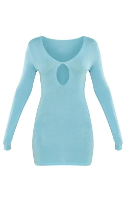 Aqua Glitter Knit Plunge Cut Out Dress
