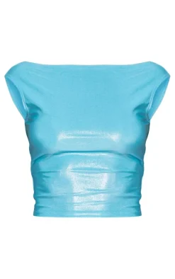 Aqua Metallic Open Back Cap Sleeve Longline Top