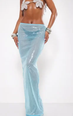 Aqua Sheer Sequin Split Back Maxi Skirt