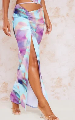 Aqua Tie Dye Printed Split Maxi Skirt