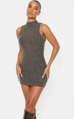Ash Brown High Neck Knit Mini Dress
