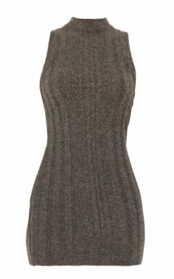 Ash Brown High Neck Knit Mini Dress