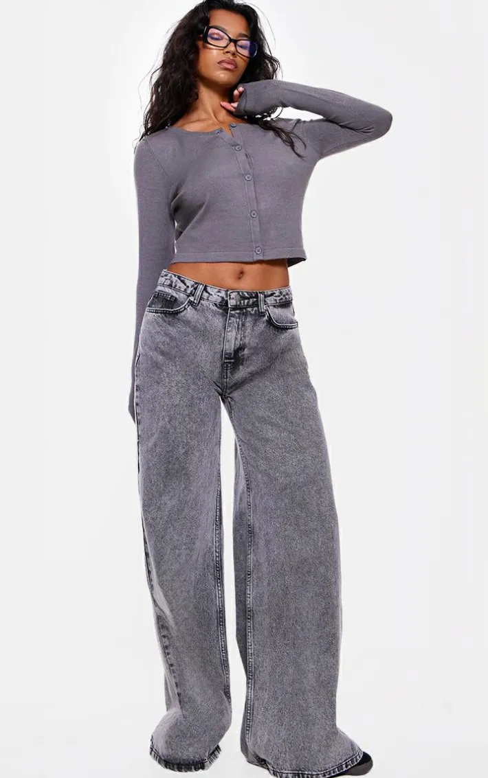 Ash Grey Basic Fine Knit Button Up Cardigan