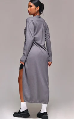 Ash Grey Basic Fine Knit Maxi Cardigan