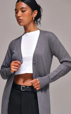 Ash Grey Basic Fine Knit Maxi Cardigan