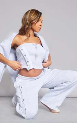 Ash Grey Contrast Panel Popper Bandeau Crop Top