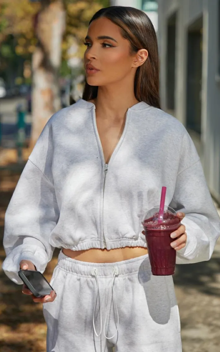 Ash Grey Drawcord Waist Cropped Zip Up Sweatshirt