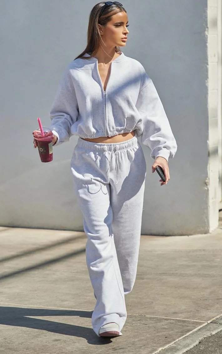 Ash Grey Drawcord Waist Cropped Zip Up Sweatshirt