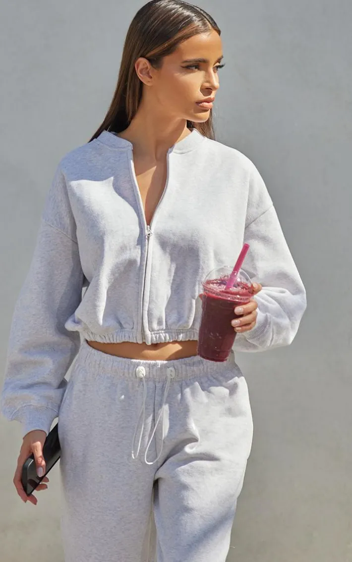Ash Grey Drawcord Waist Cropped Zip Up Sweatshirt
