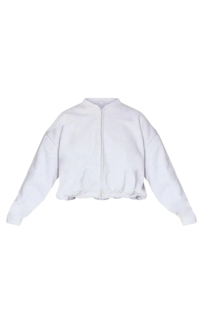 Ash Grey Drawcord Waist Cropped Zip Up Sweatshirt