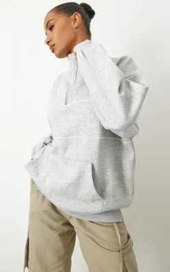 Ash Grey Half Zip Oversized Contrast Piping Sweatshirt
