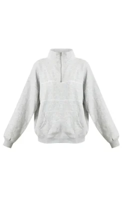 Ash Grey Half Zip Oversized Contrast Piping Sweatshirt