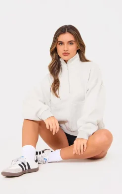 Ash Grey Half Zip Seam Double Pocket Detail Sweatshirt