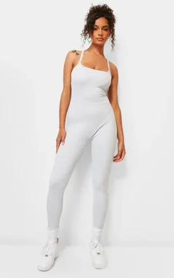 Ash Grey Marl Cotton Scoop Back Strap Detail Jumpsuit