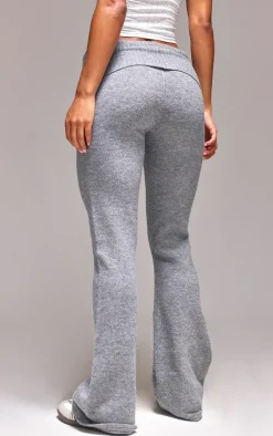 Ash Grey Melange Soft Knit Foldover Waist Flared Pants
