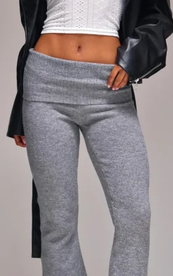 Ash Grey Melange Soft Knit Foldover Waist Flared Pants