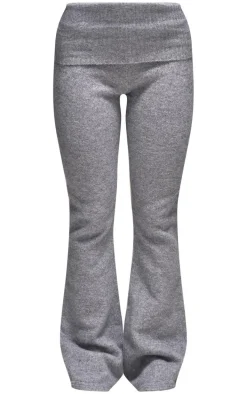 Ash Grey Melange Soft Knit Foldover Waist Flared Pants