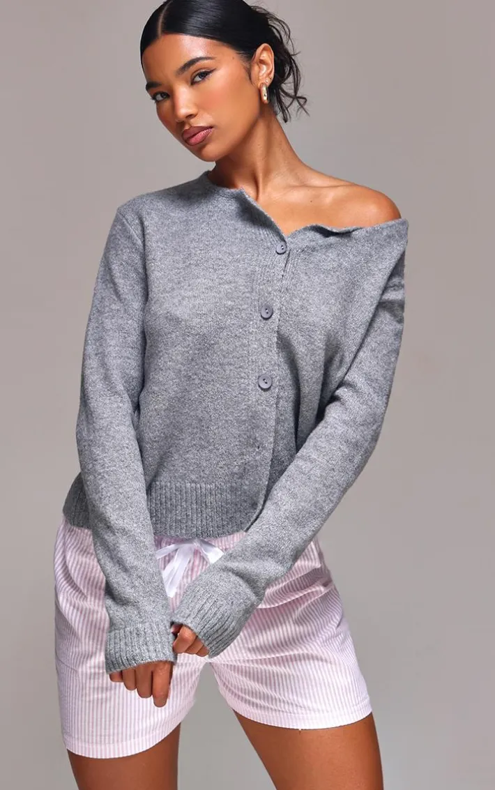 Ash Grey Melange Soft Knit Basic Button Up Cardigan