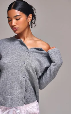 Ash Grey Melange Soft Knit Basic Button Up Cardigan