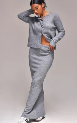 Ash Grey Melange Soft Knit Maxi Skirt