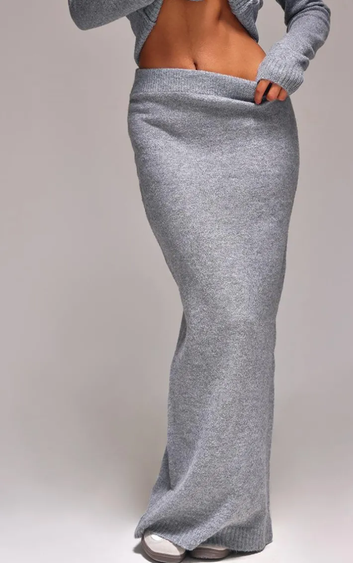 Ash Grey Melange Soft Knit Maxi Skirt