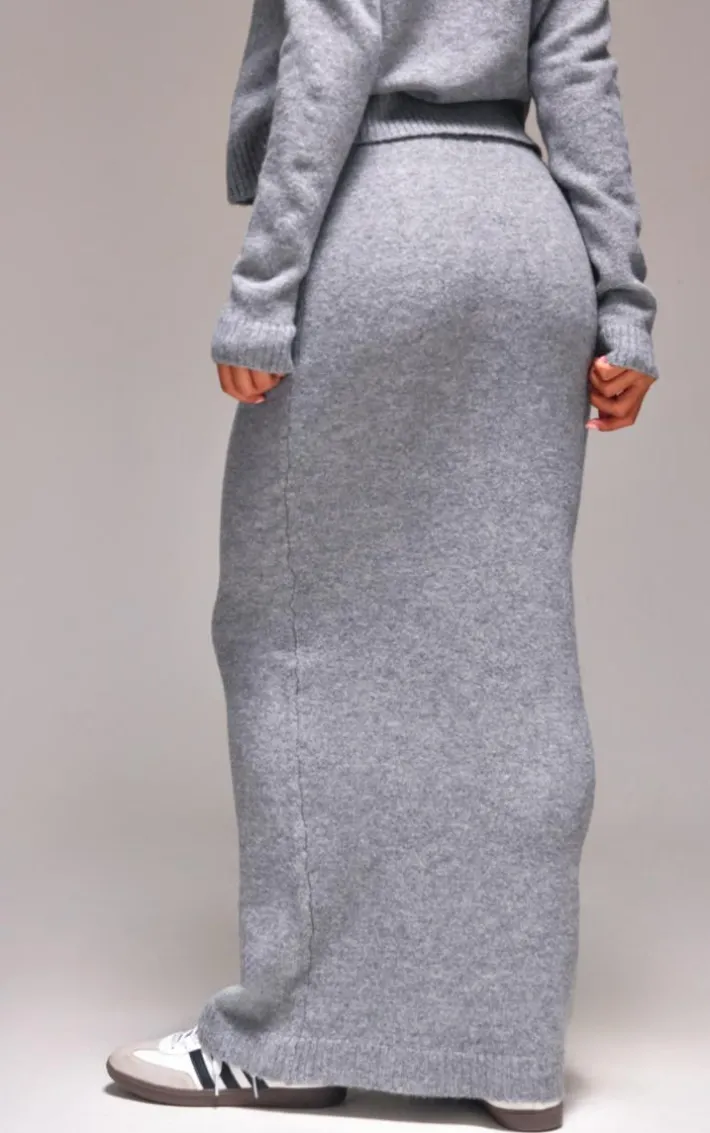 Ash Grey Melange Soft Knit Maxi Skirt