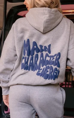 Ash Grey Oversized Main Character Energy Puff Print Hoodie