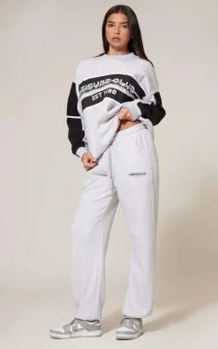 Ash Grey Print Embroidered Leisure Club Wide Leg Sweatpants