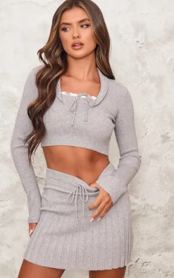 Ash Grey Rib Knit Long Sleeve Layered Crop Top