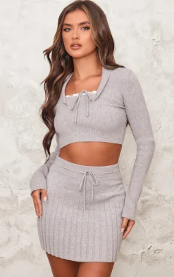Ash Grey Rib Knit Pleated Tie Waist Mini Skirt