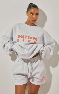Ash Grey Self Love Club Puff Print Oversized Runner Shorts