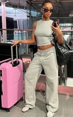 Ash Grey Smile Embossed Wide Leg Sweatpants